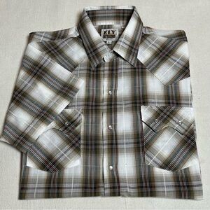 ELY CATTLEMAN Pearl Snap Western Shirt Mens Size Large Brown Plaid Short Sleeve